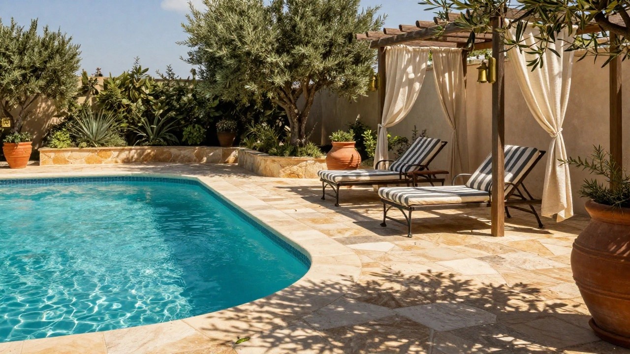 Pool deck of light beige textured travertine stone pavers bordering a turquoise pool, with two striped lounge chairs under a wooden pergola draped in white curtains, olive trees, agave plants, and terracotta pots nearby.