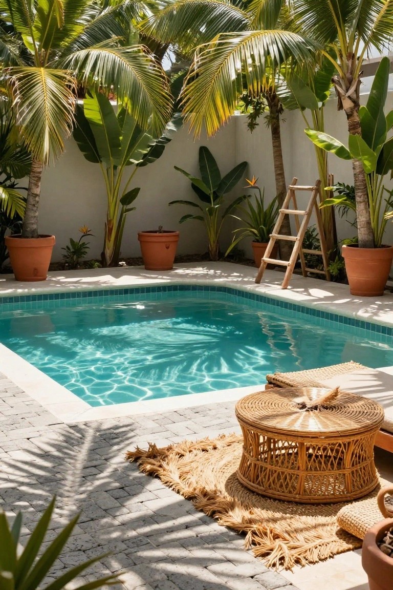 Small turquoise-tiled pool in a tropical backyard surrounded by light gray pebble pavers, with potted plants, palm trees, a wooden ladder, rattan furniture, and a seagrass rug on the deck.
