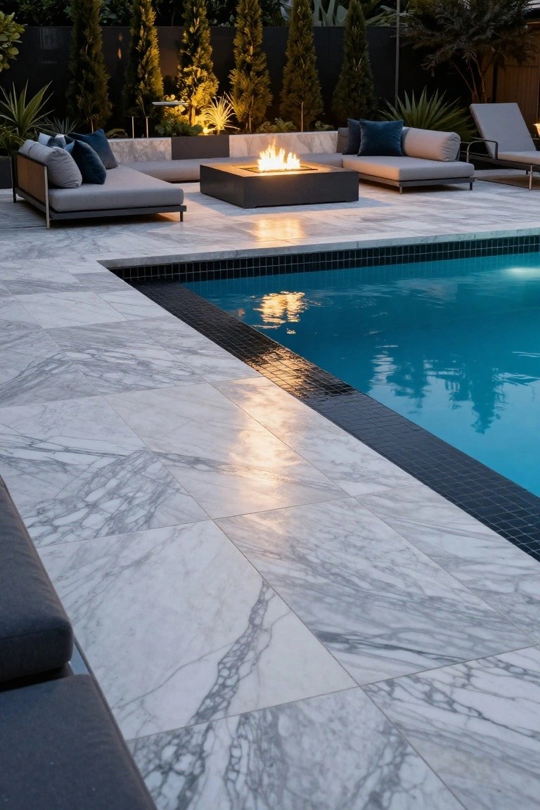 Outdoor pool deck paved in white veined marble tiles extending from gray lounge seating and a square black fire pit to a turquoise pool with black tile edging, backed by tall hedges and plants at dusk.