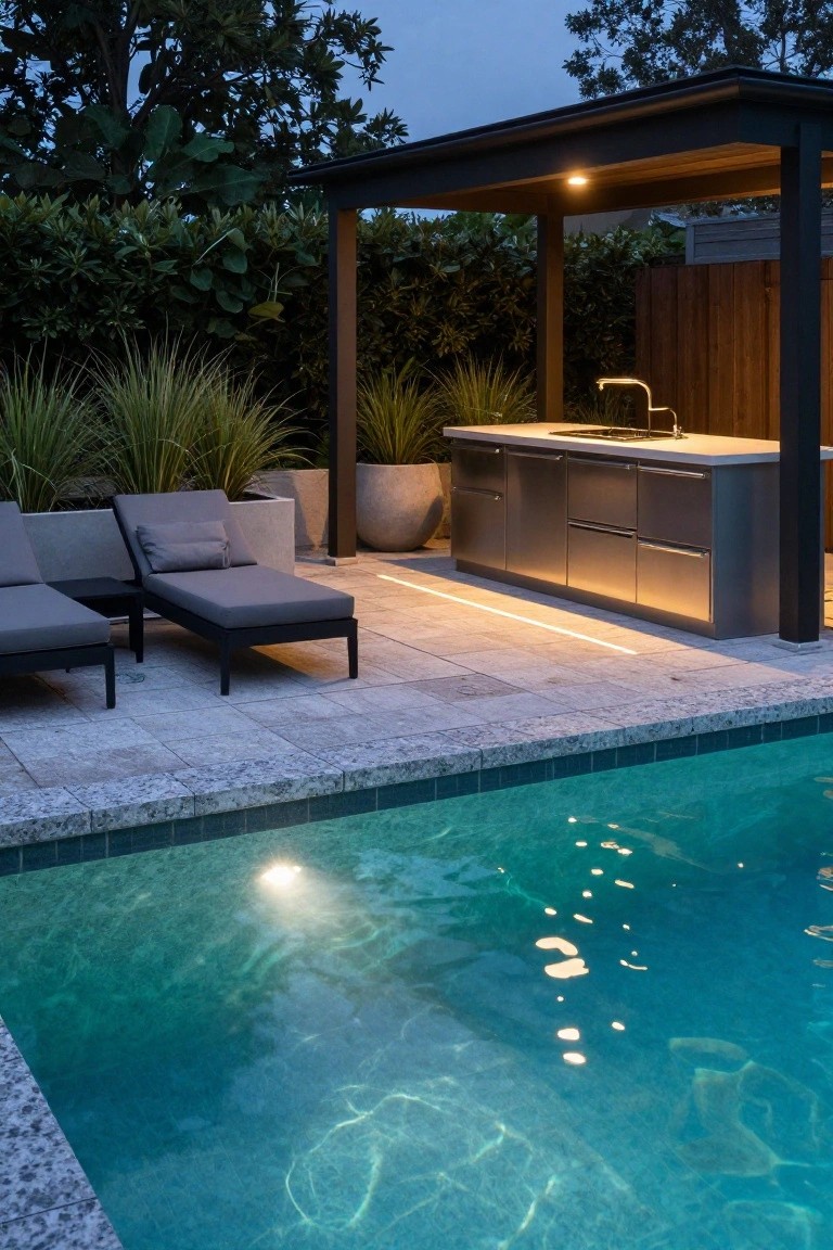 Pool deck of light speckled granite pavers bordering a glowing turquoise swimming pool at dusk, with an adjacent dark stainless steel outdoor kitchen under a covered structure, two gray lounge chairs on the deck, and plants along the edges.