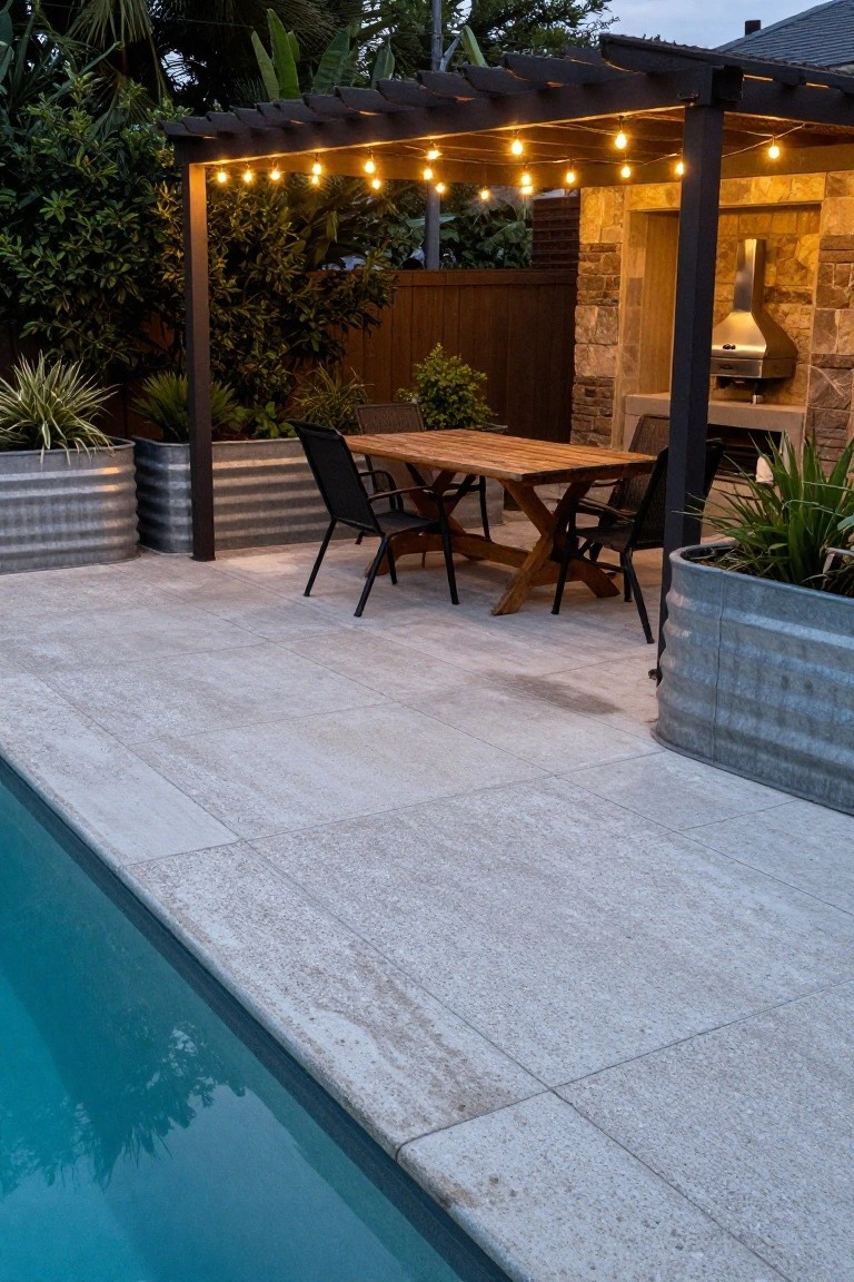 Pool deck paved with light gray textured rectangular tiles extending to the pool edge, featuring a dark wood pergola strung with lights, wooden dining table with black chairs, stone-walled BBQ area, and galvanized metal planters with plants.