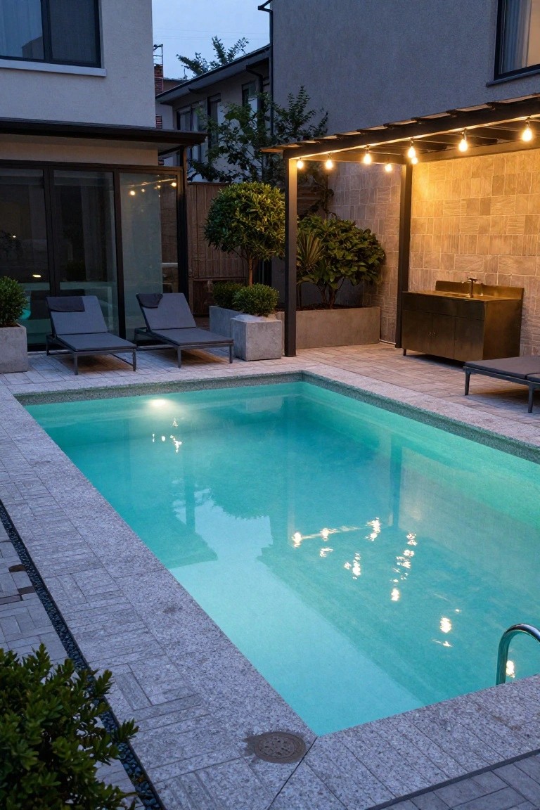 Rectangular inground pool with turquoise illuminated water at dusk, surrounded by light gray textured pebble pavers, lounge chairs, plants, and string lights on a pergola in a backyard.