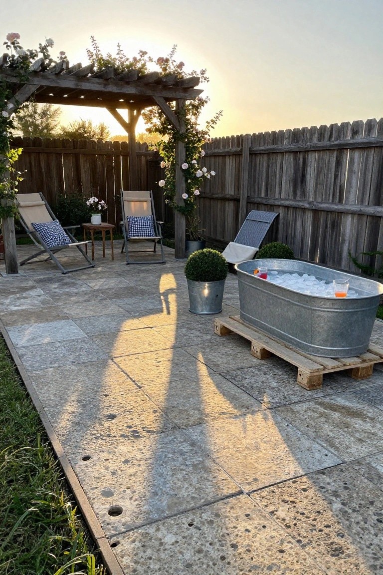 Backyard patio made of light gray textured stone pavers featuring a wooden pergola with climbing roses, two lounge chairs with cushions, potted plants, and a large galvanized metal tub filled with ice and drinks on wooden pallets, enclosed by a wooden fence at sunset.