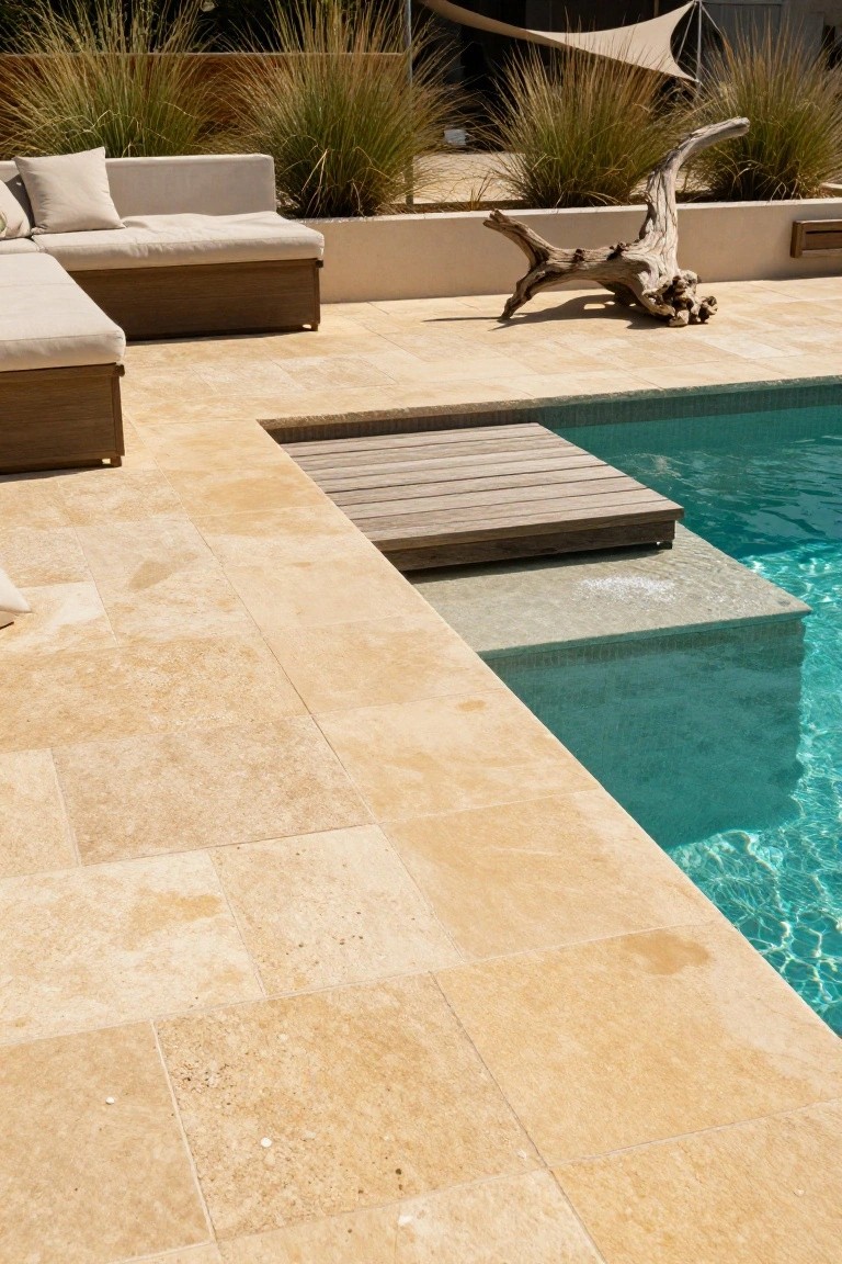 Pool deck paved with large beige travertine tiles along the edge of a turquoise-tiled pool, with a wooden step down into the water, nearby beige sofa, potted grasses, and driftwood sculpture.