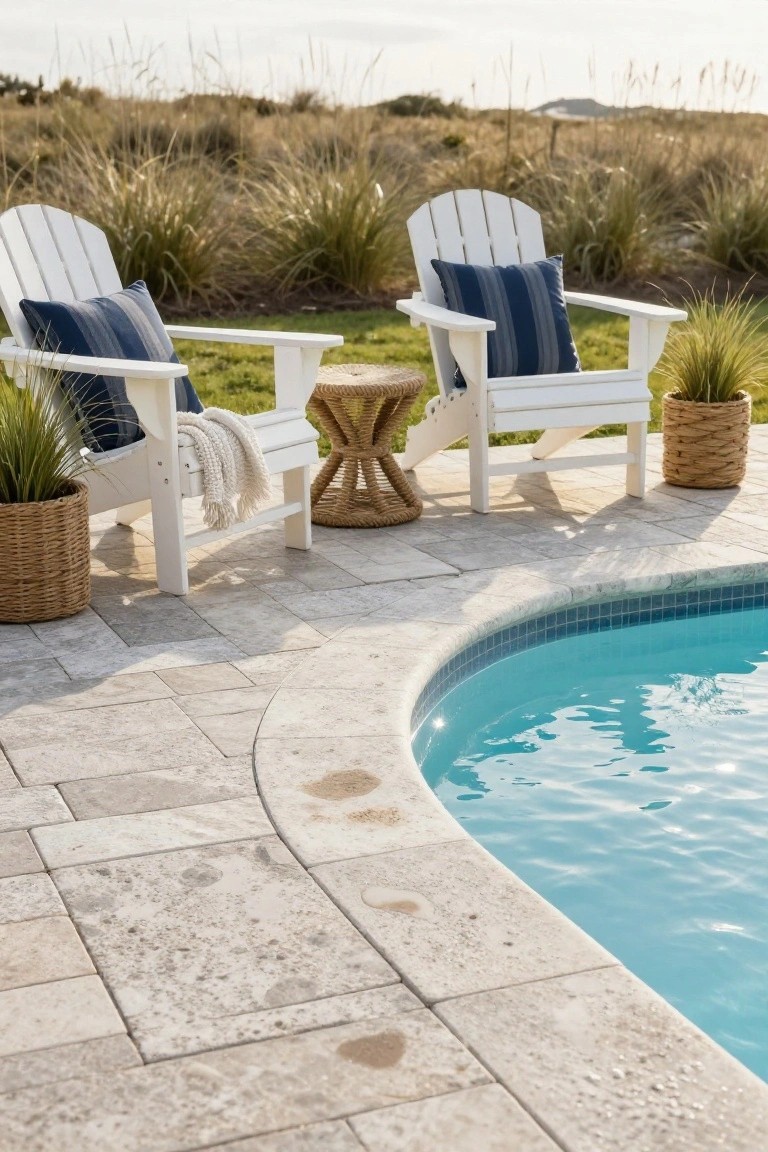 Two white Adirondack chairs with navy striped cushions and a white throw on a light beige textured stone pool deck next to a turquoise pool, with potted plants, a woven stool, and tall beach grass nearby.