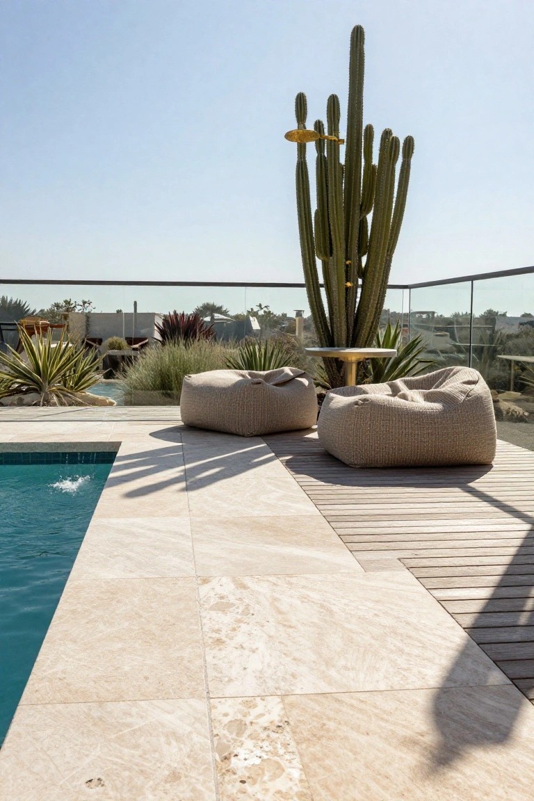 Rooftop pool deck featuring light beige travertine tiles along the pool edge, transitioning to wooden decking, with oversized beige bean bag chairs, a tall cluster of cacti, a small round table, agave plants, and glass railing overlooking distant buildings under a clear blue sky.