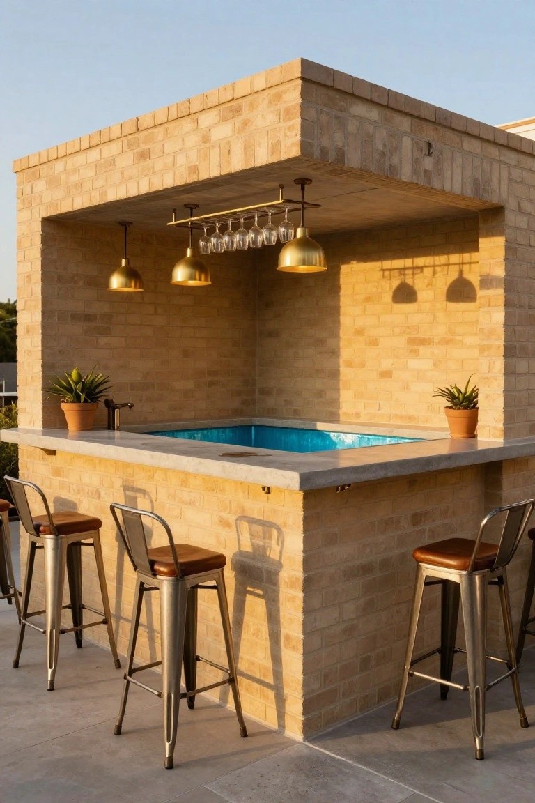 Brick outdoor cabana bar with concrete counter overlooking a small turquoise pool, metal bar stools, gold pendant lights, hanging wine glasses, and potted agave plants.