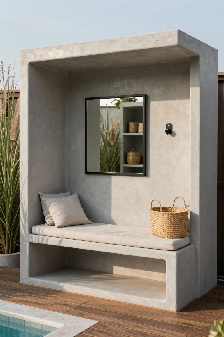 Gray concrete pool cabana with built-in bench seat topped by beige cushions, black-framed wall mirror, shelves holding woven baskets, pampas grass plants, and a hook, on wooden deck beside tiled swimming pool.