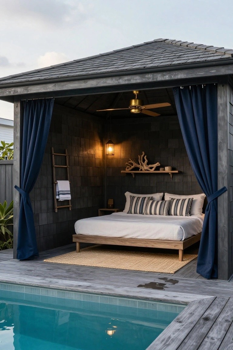 Open wooden cabana pavilion with platform bed, navy curtains, bamboo ladder holding towel, driftwood shelf, and turquoise pool adjacent on deck.