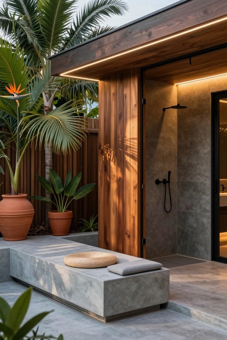 Wooden outdoor shower cabana with vertical slat walls, visible black showerhead and handheld sprayer inside, concrete bench with rattan seat cushion outside, surrounded by tropical plants and potted terracotta pots on a gray tiled patio.