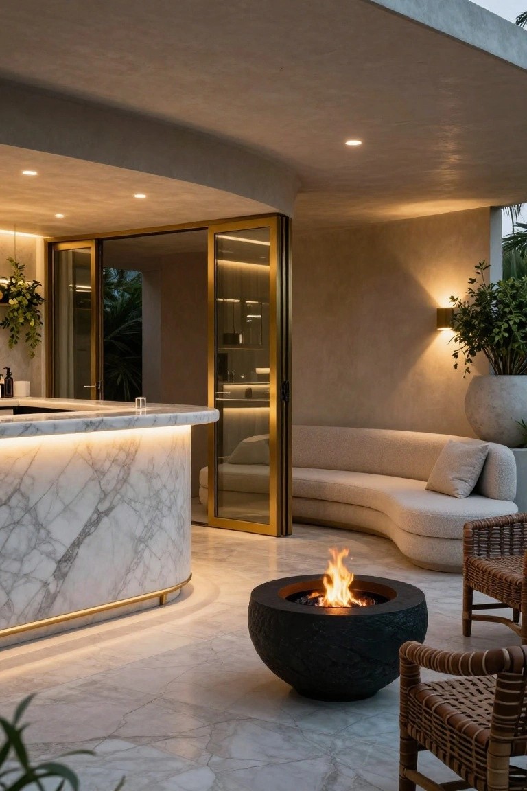 Outdoor pool cabana lounge with curved white marble bar counter edged in gold, curved white sofa with cushions, black stone drum fire pit burning, rattan chairs, potted plants, and gold-framed sliding glass doors opening to interior.