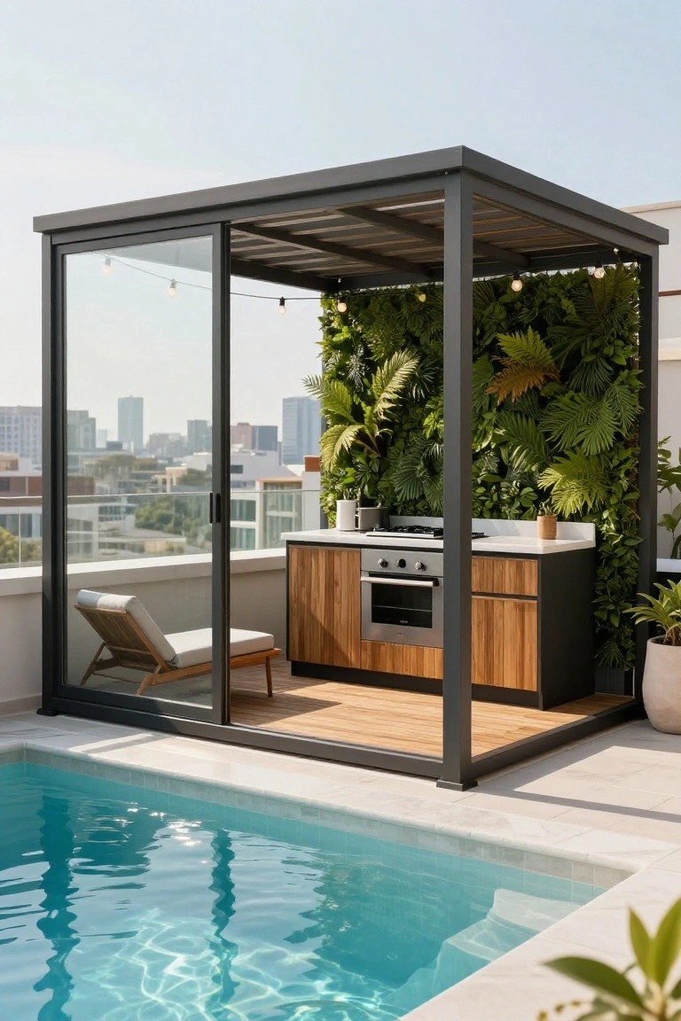 A glass-walled metal-frame pavilion cabana beside a pool, with wooden outdoor kitchen cabinets, cooktop, potted plants, vertical green wall, lounge chair, and cityscape view.