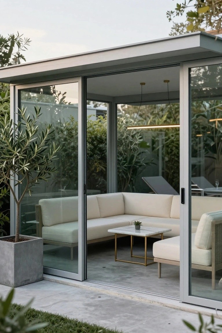 Glass-walled pavilion with open sliding doors, white L-shaped sofa and modular chair around a gold metal coffee table with plant, potted olive tree outside on concrete patio, pool loungers visible through glass, lush greenery backdrop.