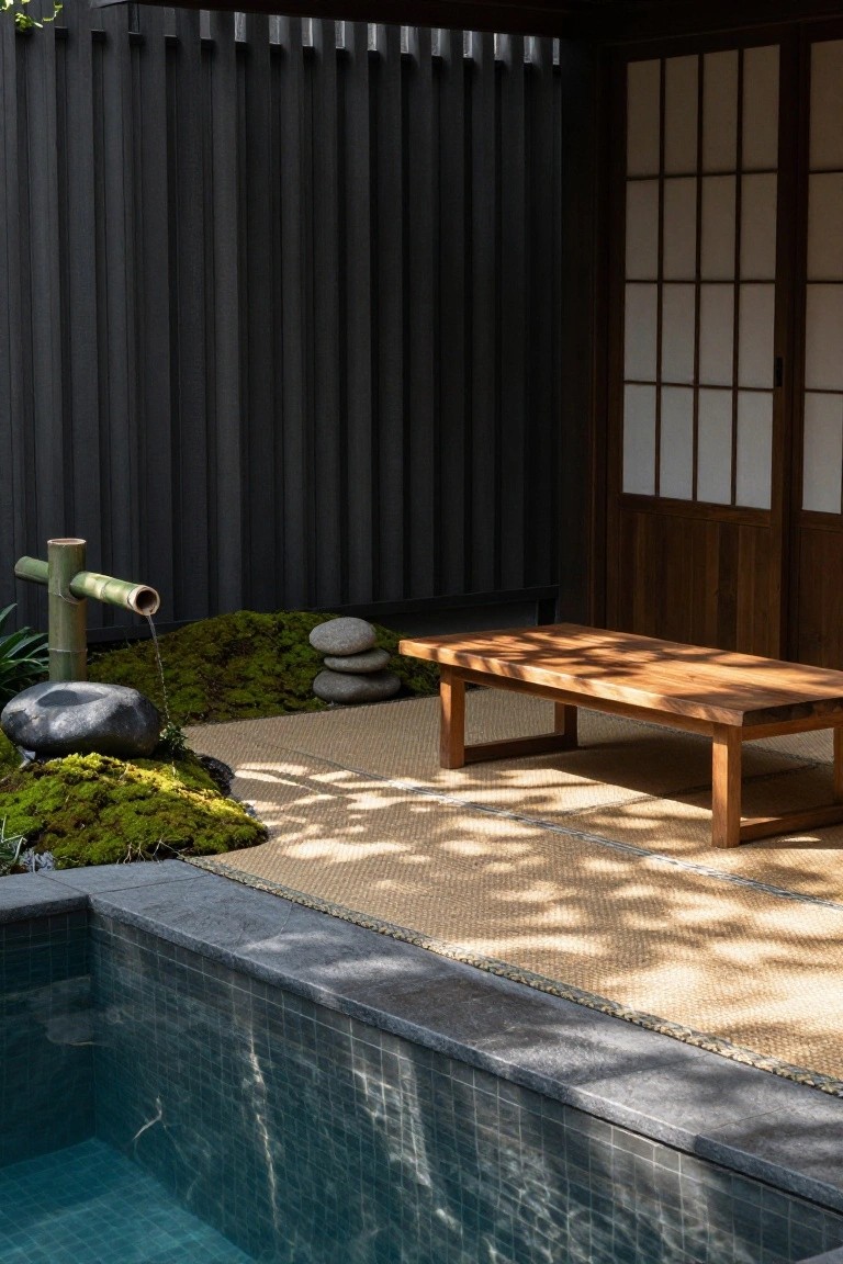 Japanese-style outdoor pool cabana with shoji screens, low wooden table on seagrass mat, bamboo fountain over rocks and moss, adjacent to small blue-tiled pool.