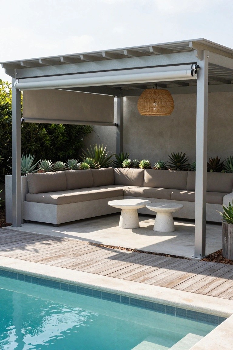 Gray metal pergola with partially extended gray retractable blind, sheltering beige L-shaped outdoor sofa and two white drum tables next to a swimming pool, succulents in planters along textured rear wall, rattan pendant light overhead, wood decking at pool edge.