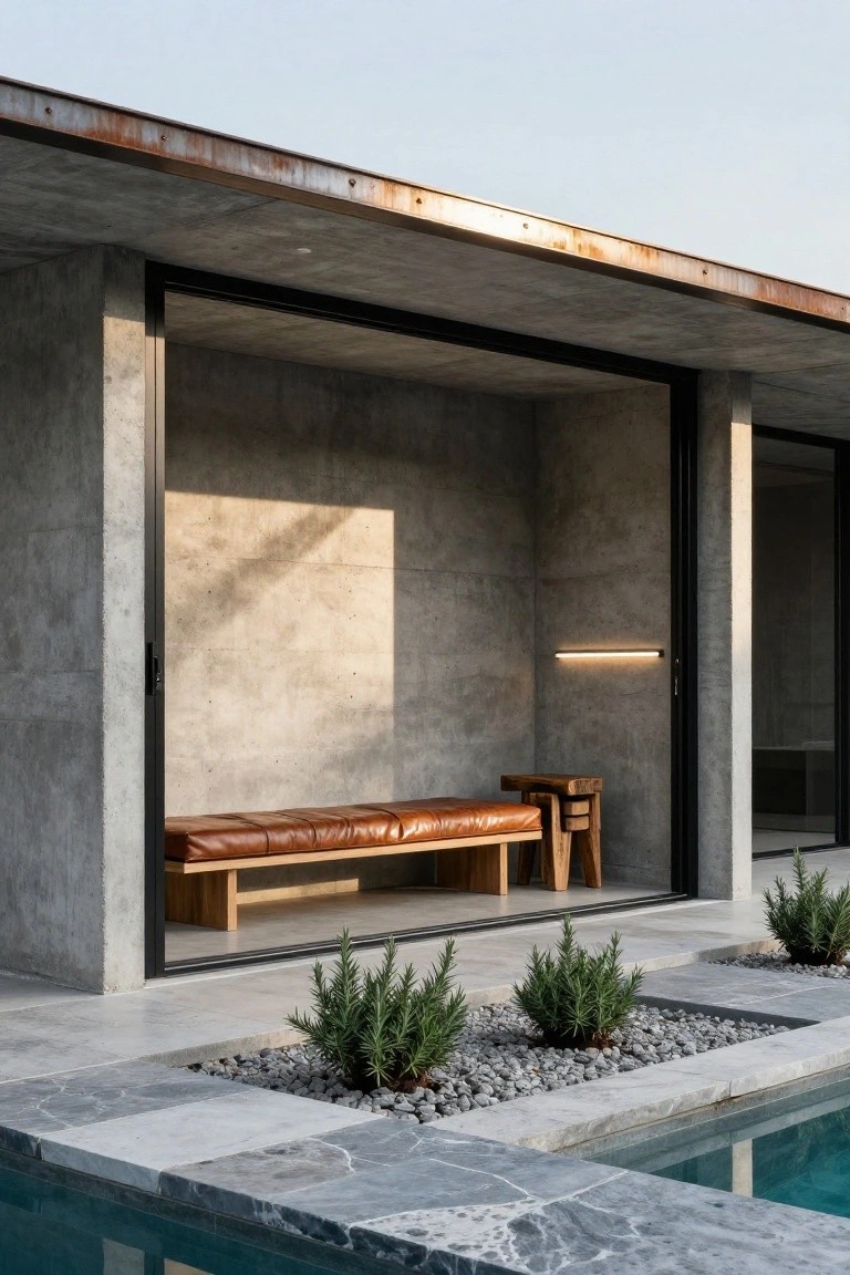Exposed concrete pool cabana pavilion open to a pool deck, with a brown leather bench, wooden side table, potted rosemary plants, and grey marble pool edge.