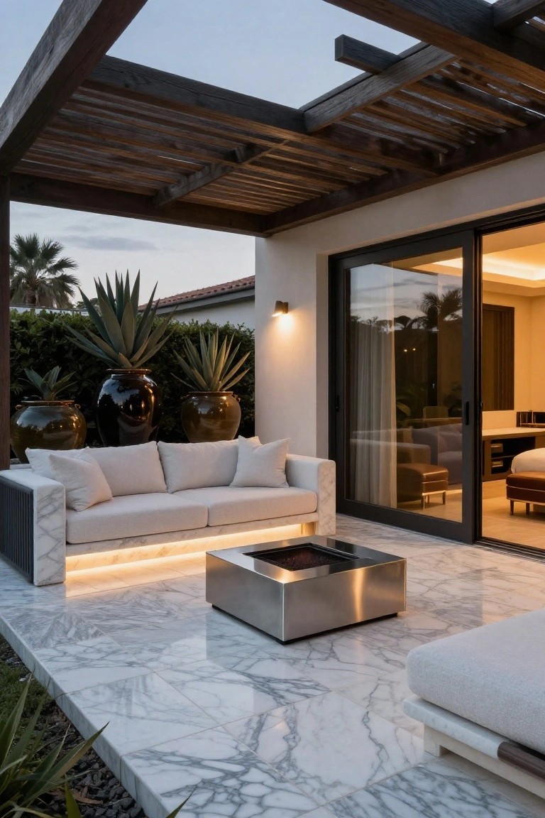Outdoor terrace under wooden pergola with beige sofa on marble plinth, stainless steel linear fire table with flames, large black pots of agave plants, white wall, and open black sliding glass doors revealing bedroom interior on marble floor.
