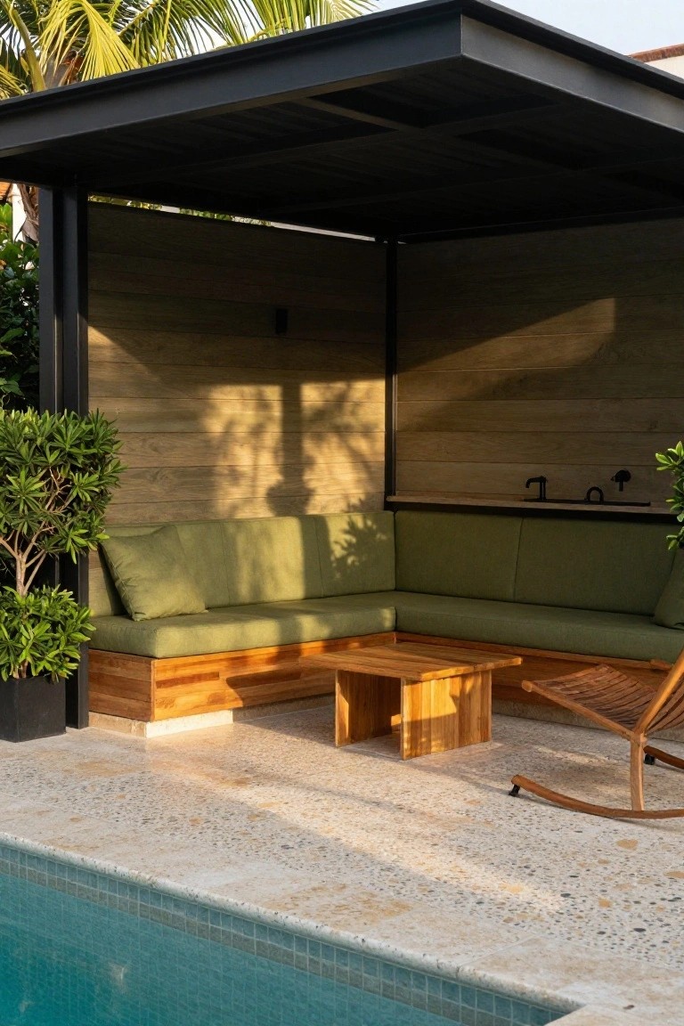 Outdoor pool cabana with black metal frame and wood paneling enclosing an L-shaped green bench, low wooden table, rocking chair, sink counter, potted plants, on terrazzo deck next to turquoise pool.