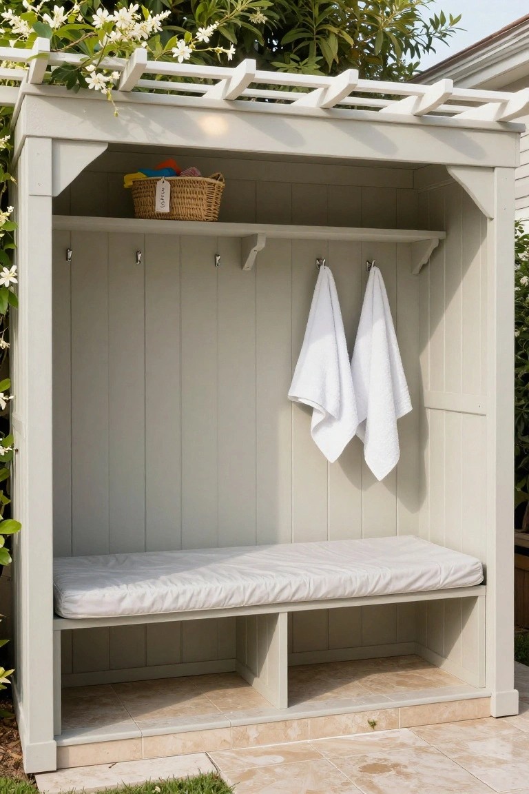 Light gray wooden pool cabana with pergola roof covered in white flowering vines, featuring hooks with two white towels, wicker basket labeled towels on a shelf, open bench with cushion, and tiled floor surrounded by greenery.