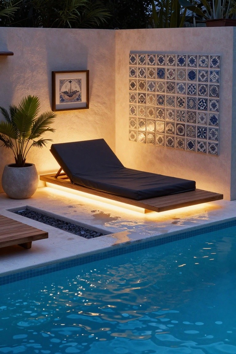 Black cushioned reclining lounger on a raised wooden platform with underlighting next to an infinity-edge pool, beige stucco wall with blue tiled artwork and potted palm nearby.