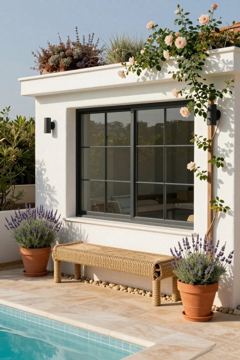 White modern pool cabana with black-framed sliding window, climbing pink roses on the wall and roof plants, long woven rattan bench flanked by two large terracotta pots of lavender, on beige tiled patio next to turquoise pool.