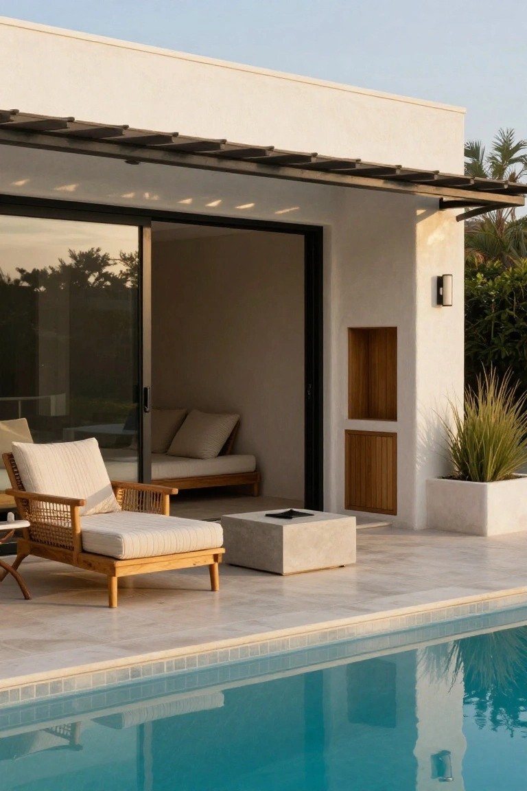 White stucco pool cabana with open black-framed glass doors showing beige cushions on a daybed inside, outdoor beige woven teak armchair and low concrete table on light tile terrace next to turquoise pool, wooden slat pergola overhead, pampas grass in square white pot.