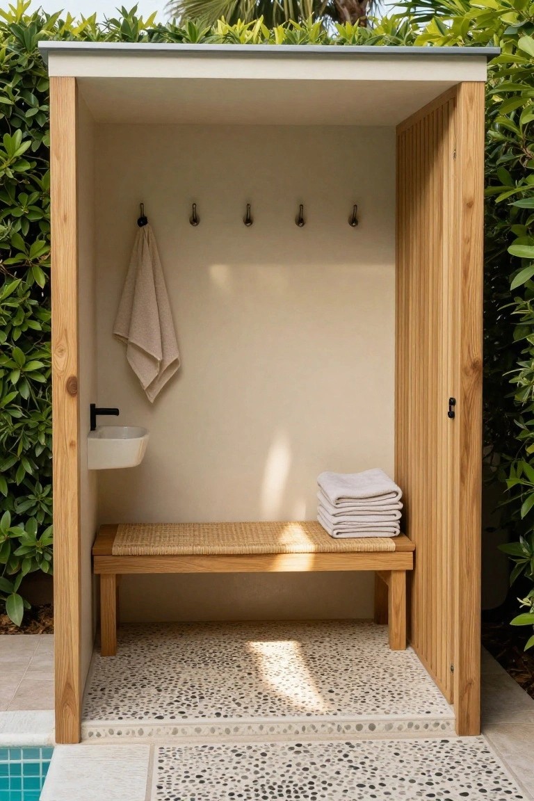 Open-sided wooden pool cabana with light beige walls, wooden bench with rattan seat, wall-mounted sink, towel hooks, and stacked towels inside, pebble floor leading to turquoise pool, surrounded by green plants and palms.