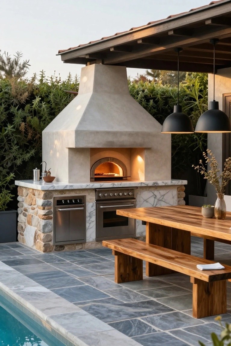 Poolside outdoor kitchen with beige stucco wood-fired pizza oven, stainless steel grill and drawer, white marble countertop on stone and stucco base, wooden dining table and benches under black pendant lights, adjacent to blue pool with gray tiles and greenery backdrop.