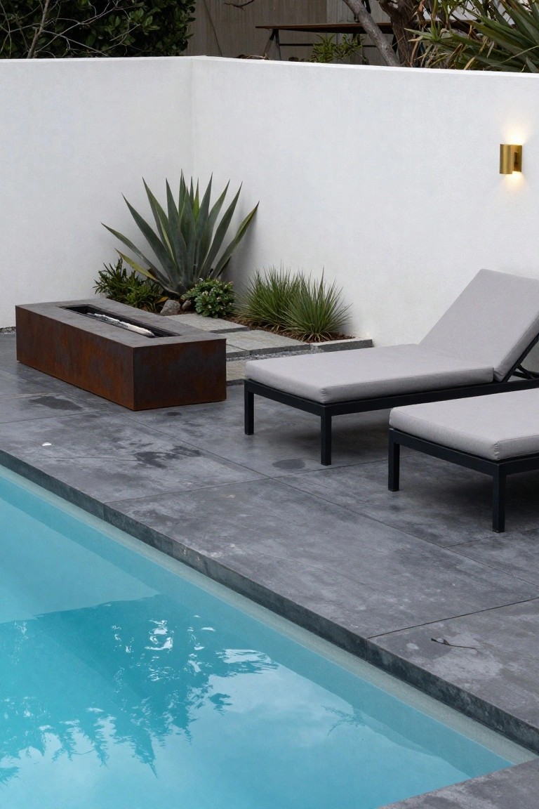 21 Fresh Pool Deck Color Ideas That Make a Statement Pool deck with dark gray stone tiles edged by turquoise water, two gray chaise lounges, corten steel fire pit planter with succulents, and agave plants against white stucco wall.