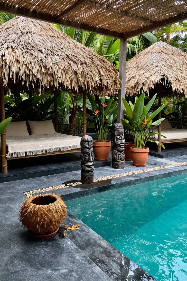 21 Fresh Pool Deck Color Ideas That Make a Statement Tropical poolside deck with dark slate gray tiles and pebble borders next to turquoise pool water, featuring thatched-roof daybeds on raised platforms, carved wooden tiki statues, potted bird-of-paradise plants, and surrounding lush greenery.