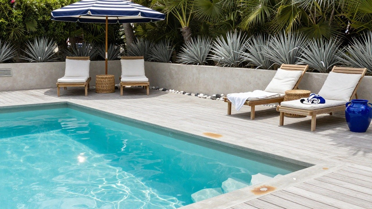 Pale blue painted wooden deck beside a turquoise pool, with two white loungers, rattan side table, navy umbrella, blue and white vase, agave plants in white planter box, and palm tree in background.