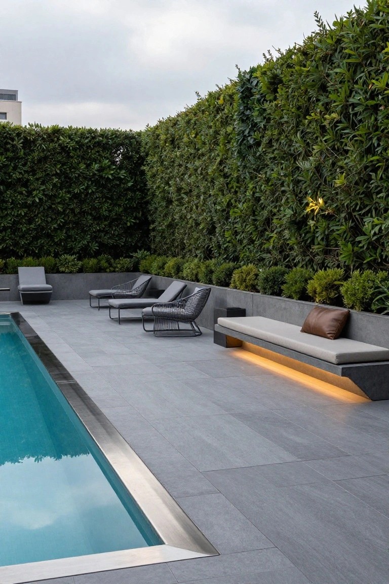 21 Fresh Pool Deck Color Ideas That Make a Statement Pool deck in gray tiles edged in stainless steel, with woven loungers, a lit concrete bench with cushion, and surrounding green hedges and shrubs.