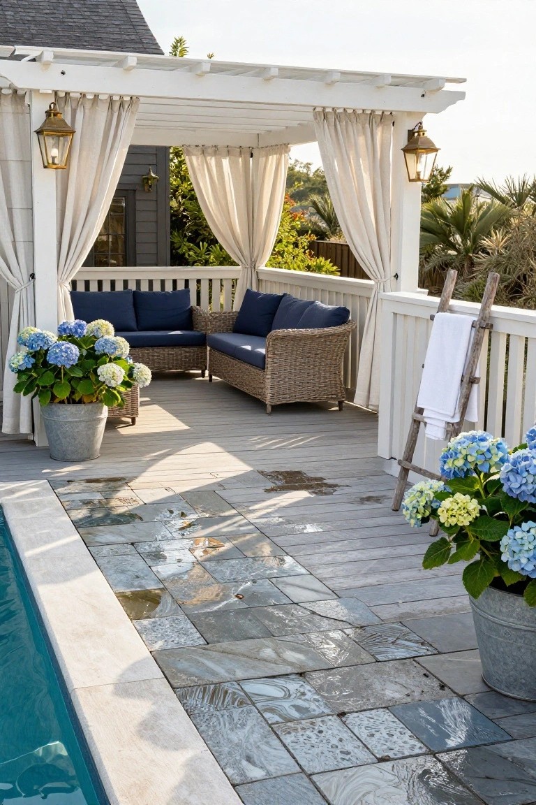 21 Fresh Pool Deck Color Ideas That Make a Statement Pool deck with gray slate tiles bordering a turquoise pool, white pergola with beige curtains enclosing navy blue cushions on wicker furniture, blue hydrangeas in galvanized buckets, and a wooden ladder draped with a towel on the railing.