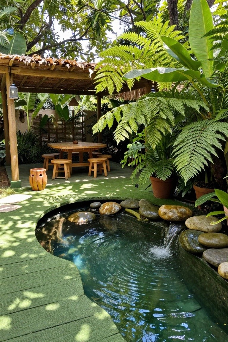 21 Fresh Pool Deck Color Ideas That Make a Statement Green deck surface surrounding a small curved pond with rocks, fountain, and fish, wooden round table with stools, tropical plants and ferns, thatched roof pavilion in a lush garden setting.