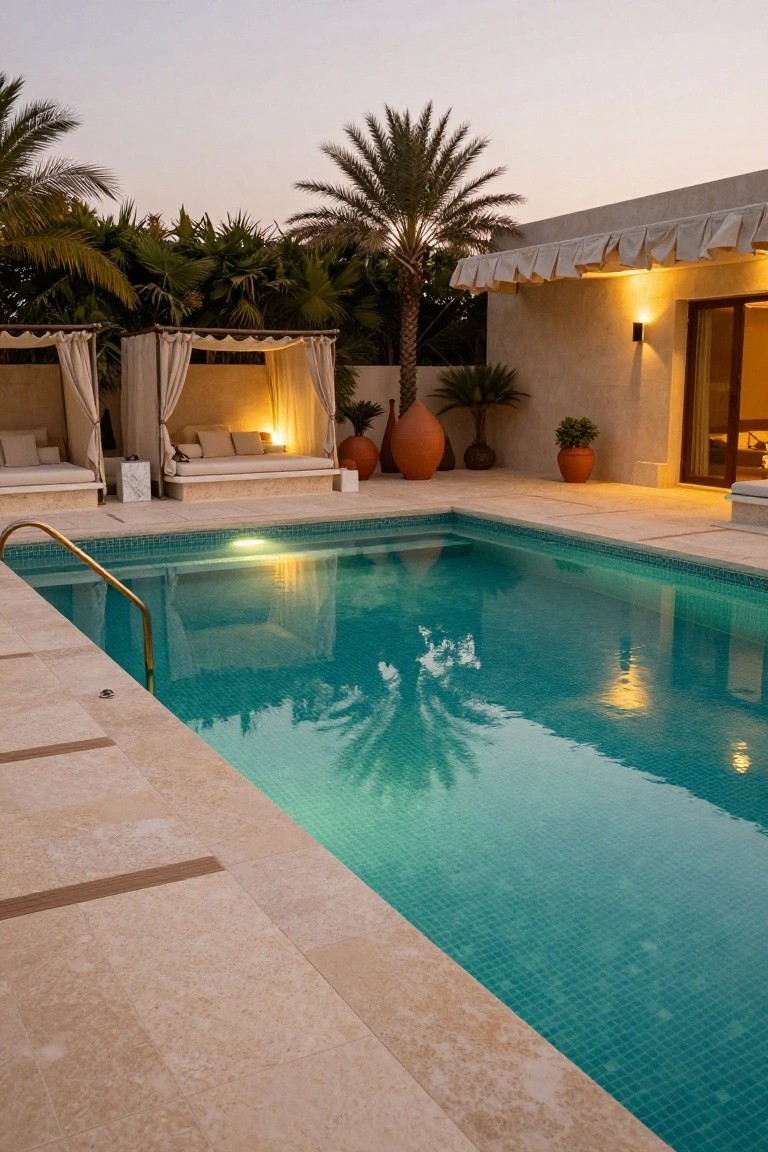 21 Fresh Pool Deck Color Ideas That Make a Statement Backyard infinity-edge pool with light beige stone decking and gold ladder rail, turquoise mosaic-tiled water illuminated from below, two white-curtained daybeds on stone platforms, potted plants and palms, beige stucco building with lit windows at dusk.