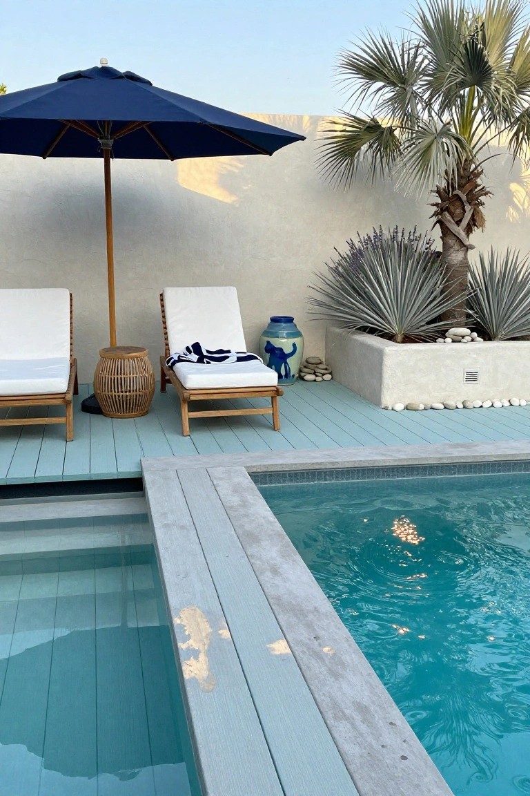 21 Fresh Pool Deck Color Ideas That Make a Statement Pale blue painted wooden deck beside a turquoise pool, with two white loungers, rattan side table, navy umbrella, blue and white vase, agave plants in white planter box, and palm tree in background.