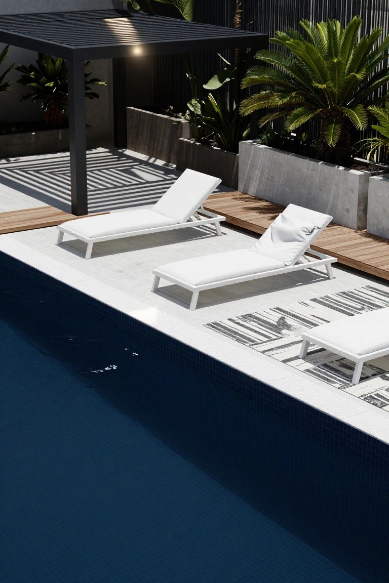 21 Fresh Pool Deck Color Ideas That Make a Statement White lounge chairs arranged on light gray patterned tiled deck beside a dark blue tiled pool, with wooden accents, potted plants, and a black metal pergola nearby.