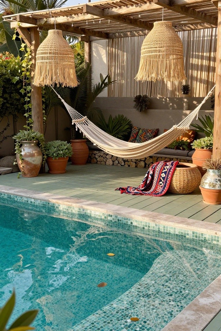 21 Fresh Pool Deck Color Ideas That Make a Statement Pool deck with muted green wood flooring edged in stone, featuring a white hammock, colorful pillows on a bench, potted plants and terracotta pots, rattan hanging lamps under a wooden pergola, and turquoise mosaic-tiled pool water with leaves floating.