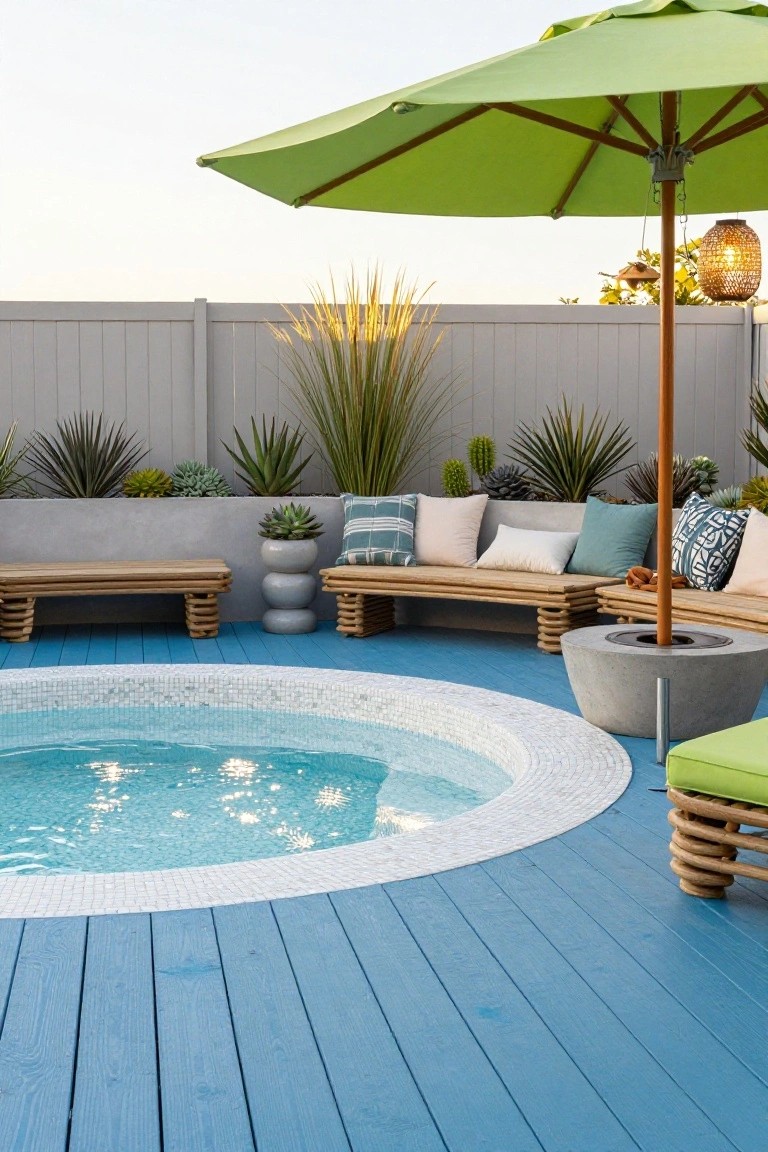 21 Fresh Pool Deck Color Ideas That Make a Statement Backyard hot tub with white mosaic edge on a blue wooden deck, surrounded by curved wooden benches, potted succulents and agaves, a green umbrella, and a gray fence with grasses.