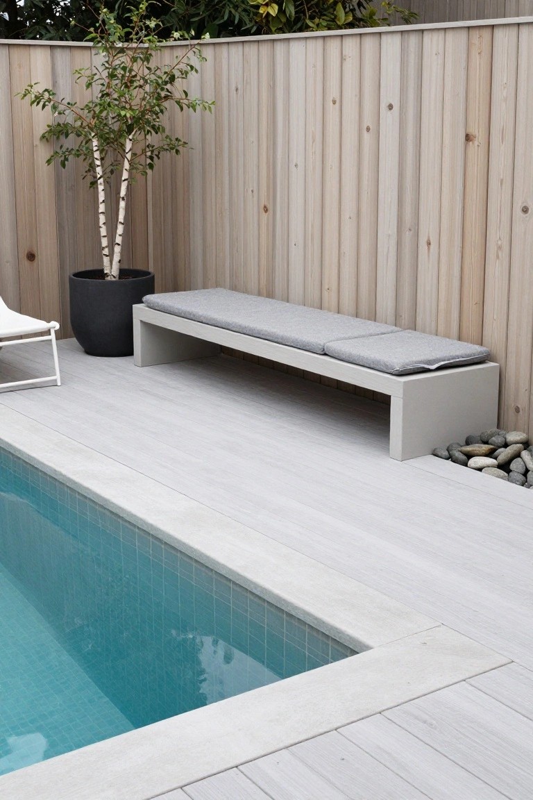 21 Fresh Pool Deck Color Ideas That Make a Statement Pool area featuring pale gray wood-look decking along the edge, a low built-in bench with gray cushions, white lounger chair, black pot with birch tree, pebble border, and turquoise tiled pool next to a light vertical wood fence.