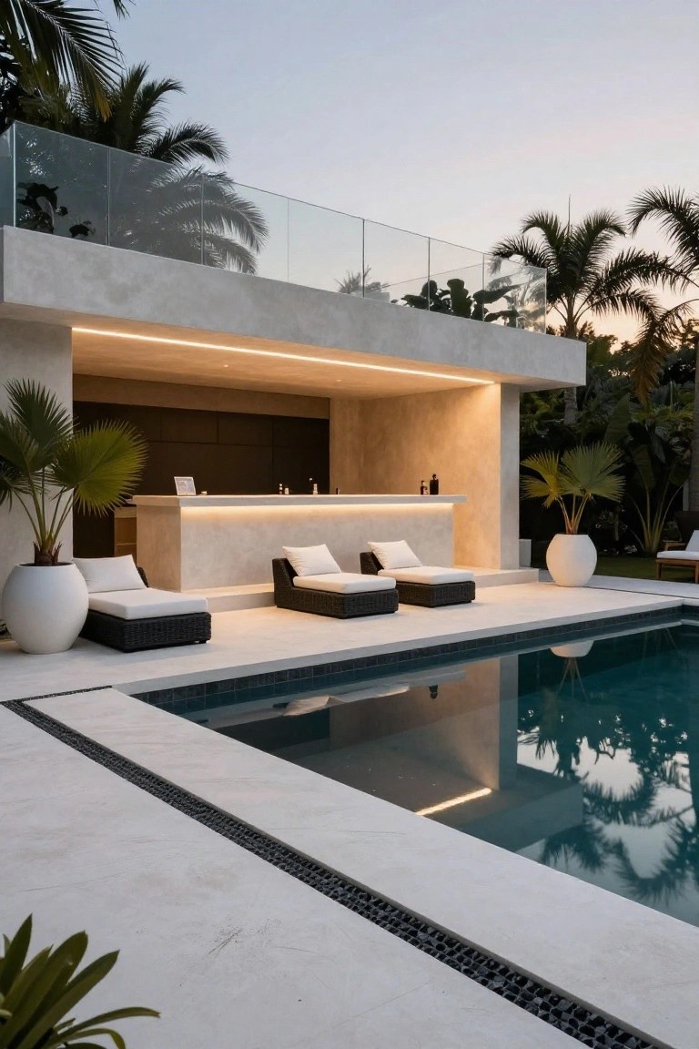 21 Fresh Pool Deck Color Ideas That Make a Statement Outdoor pool area featuring light beige stone decking with black pebble drain edge, two white loungers on the deck, a built-in bar counter nearby, and tall palm trees surrounding the scene at dusk.