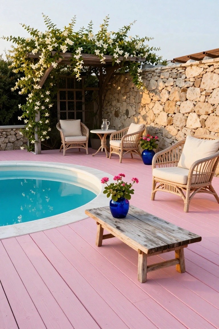 21 Fresh Pool Deck Color Ideas That Make a Statement Pink wooden deck surrounding a round turquoise pool, with wicker chairs, a rustic wooden table holding a blue vase and pink flowers, blue pots, and a jasmine-covered pergola against a stone wall.