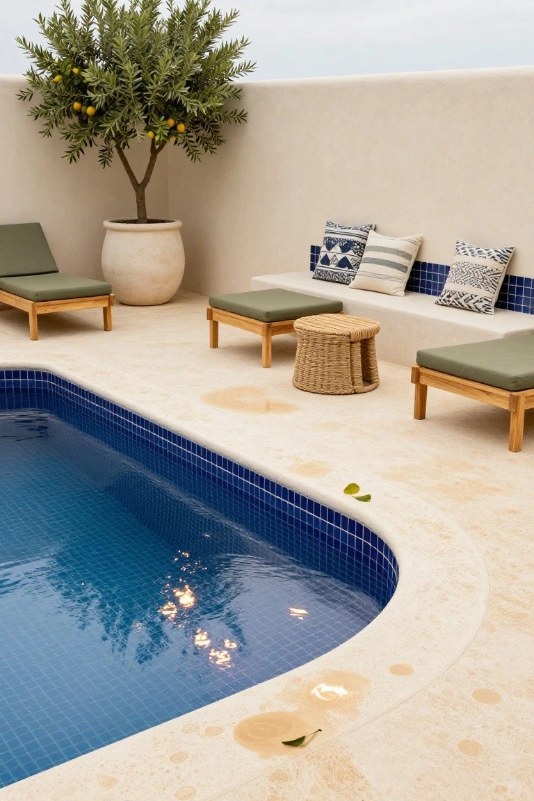 21 Fresh Pool Deck Color Ideas That Make a Statement Pool area featuring light beige stone decking with wooden loungers, green cushions, patterned pillows on a bench, rattan stool, potted olive tree, and curved blue mosaic-tiled pool.