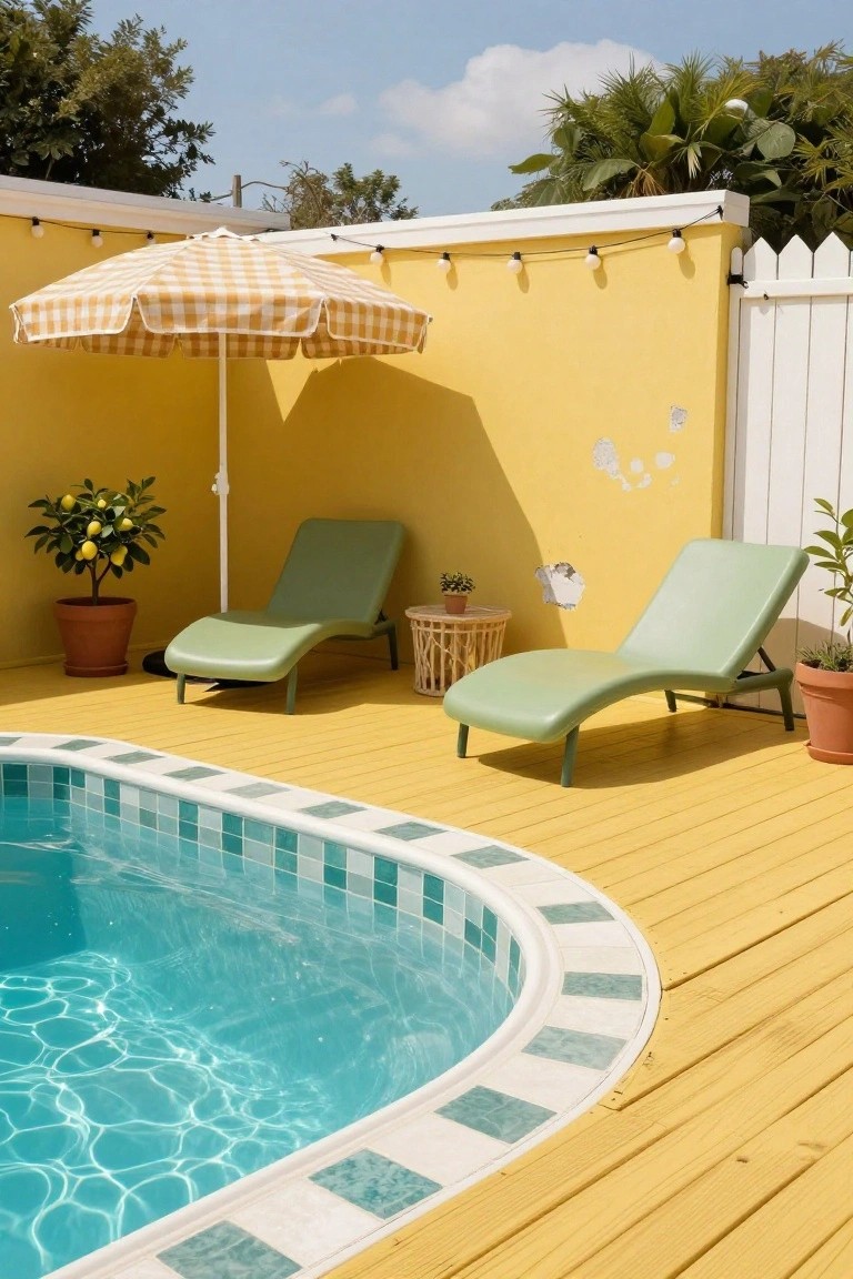 21 Fresh Pool Deck Color Ideas That Make a Statement Yellow wooden deck adjacent to a curved turquoise-tiled pool edge, with two green lounge chairs, a checkered umbrella, potted plants, and a yellow wall with string lights in the background.