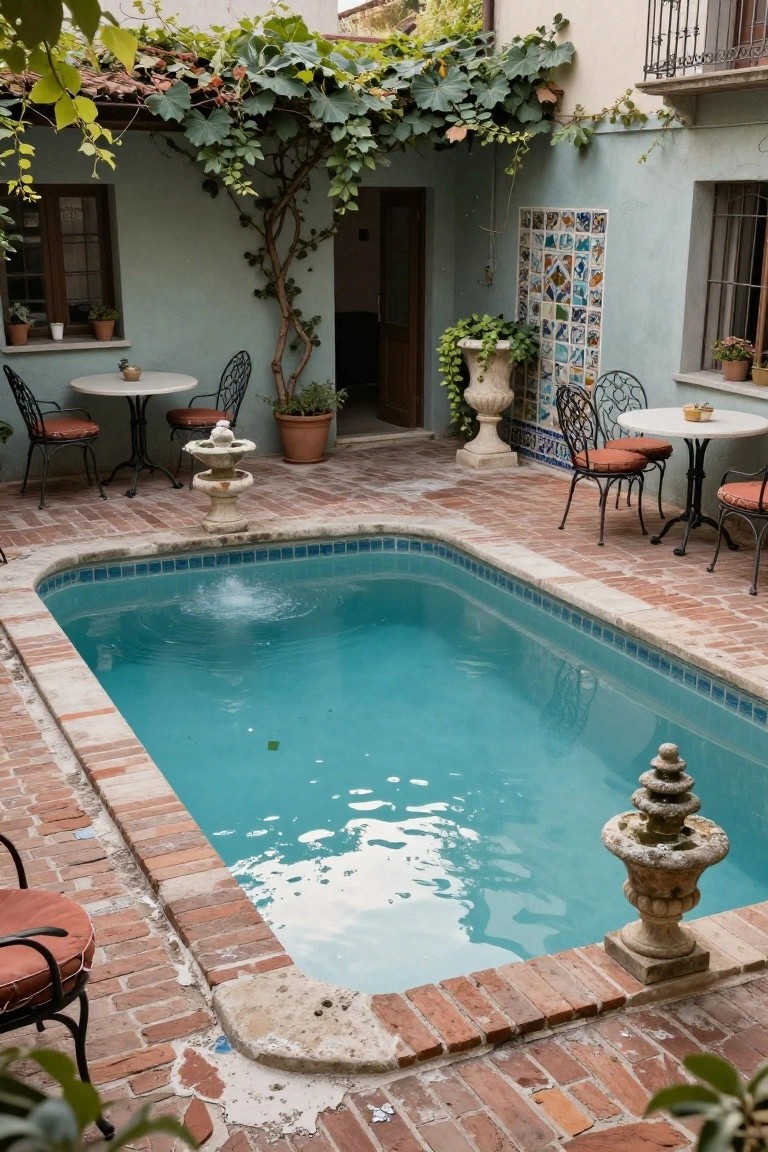 21 Fresh Pool Deck Color Ideas That Make a Statement Small rectangular pool with turquoise water and fountain, surrounded by red brick pavers, wrought-iron chairs and round tables with cushions, potted plants, climbing vines on pale walls with blue tile accents, and stone urns in a courtyard.