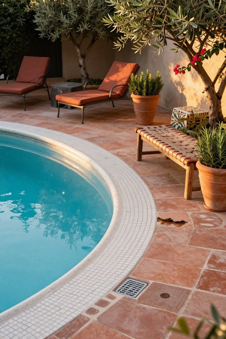 21 Fresh Pool Deck Color Ideas That Make a Statement Curved edge of an in-ground swimming pool with white mosaic tiles and terracotta paver decking, featuring orange loungers, a wooden bench, potted plants, and olive trees nearby.