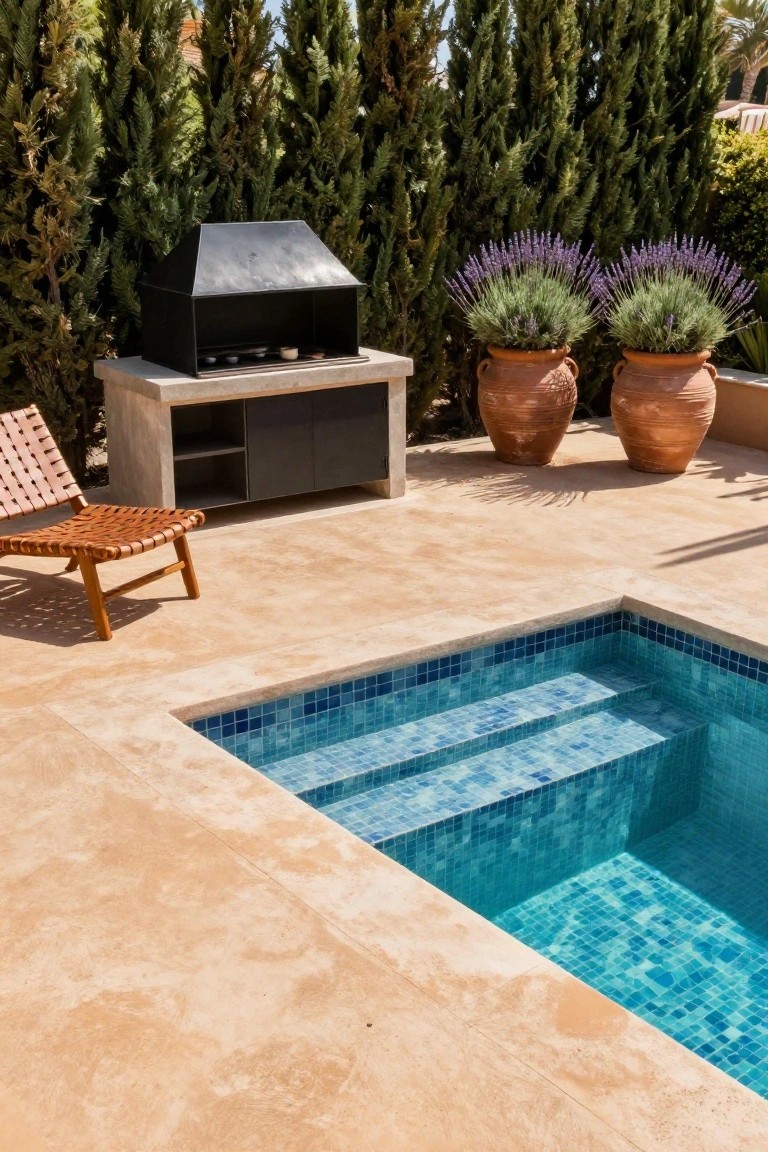 21 Fresh Pool Deck Color Ideas That Make a Statement Small turquoise-tiled pool with steps, surrounded by light beige stone deck, black built-in BBQ on concrete base, two terracotta pots of lavender, woven lounge chair, and tall cypress trees in background.