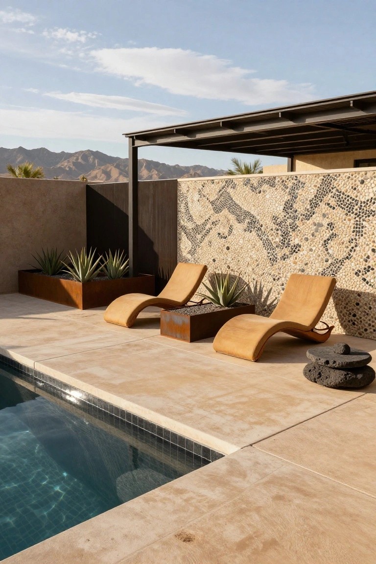 21 Fresh Pool Deck Color Ideas That Make a Statement Beige stone pool deck with two curved tan leather lounge chairs positioned around a rusted metal fire table containing an agave plant, adjacent to a blue-tiled pool edge, mosaic-tiled wall with snake design, metal pergola, and distant desert mountains under a partly cloudy sky.