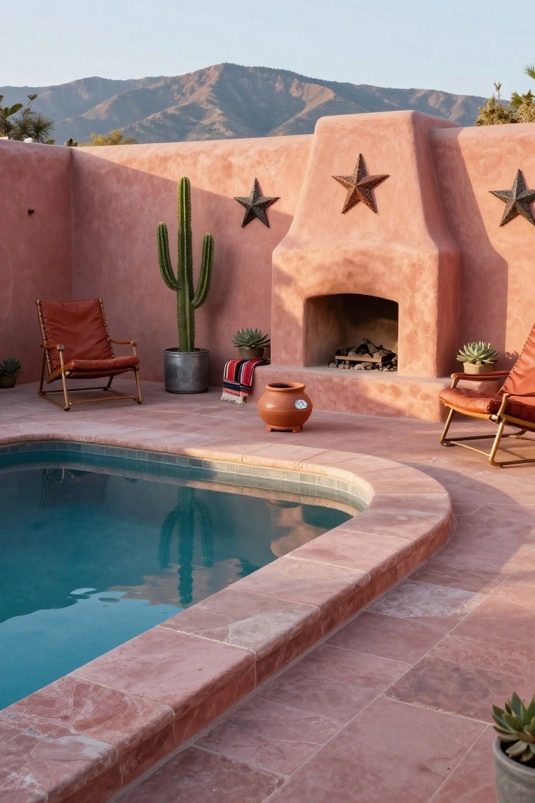 21 Fresh Pool Deck Color Ideas That Make a Statement Curved turquoise pool surrounded by pink terracotta tiles on a patio with adobe walls, outdoor fireplace, tall cactus, succulents in pots, woven blanket, terracotta jar, and tan lounge chairs against mountain backdrop.