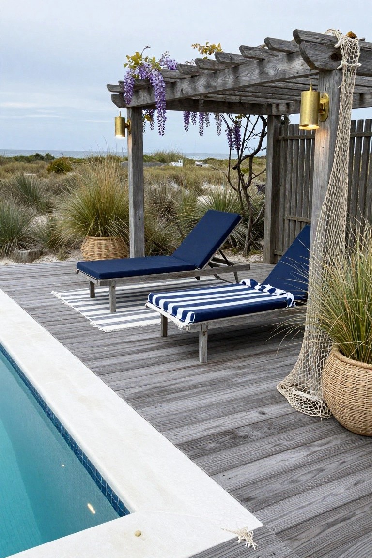 21 Fresh Pool Deck Color Ideas That Make a Statement Gray weathered wooden deck beside a rectangular blue pool, with two navy blue loungers, one striped, under a wooden pergola draped in purple wisteria and fishing nets, surrounded by potted beach grasses and overlooking ocean dunes.